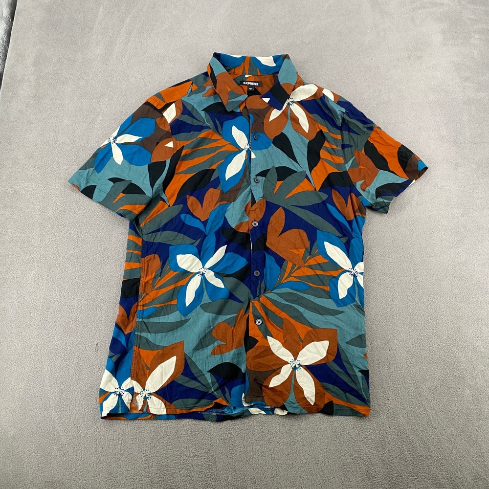 Express Mens Floral Tropical Short Sleeve Button Down Shirt Blue Orange Size M